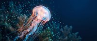 Translucent jellyfish with flowing tentacles swimming in deep blue ocean water with sparkling light particles creating magical underwater atmosphere.