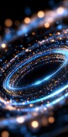 Abstract blue and gold light particles forming circular vortex against dark background, creating futuristic digital art effect for technology concepts.