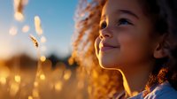 Young African American girl with curly hair smiling at sunset, golden bokeh lights creating magical atmosphere, side profile view capturing joy and wonder.