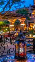 Ornate oriental lantern glowing on mosaic table at dusk, with romantic restaurant terrace and warm ambient lighting creating atmospheric dining scene.