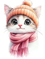 Adorable white cat wearing peach knit beanie and pink scarf, drawn in soft artistic style with big expressive eyes. Isolated on white background for design use.