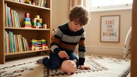 Young boy with brown hair playing with toy blocks on patterned rug in bright nursery room with wooden bookshelf and motivational wall art.