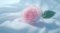 Delicate pink rose with soft petals resting on flowing white silk fabric, creating romantic and dreamy atmosphere with gentle blue tones in background.