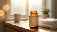 Amber glass bottle with essential oil on wooden surface near white towels and coffee mug in warm sunlit bathroom interior for spa wellness relaxation.