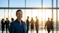 Confident middle-aged Caucasian businessman smiling in modern office with large windows and blurred colleagues in background during golden hour.