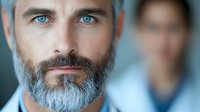 Mature Caucasian businessman with striking blue eyes and well-groomed gray beard in close-up portrait showing confidence and experience against blurred background.
