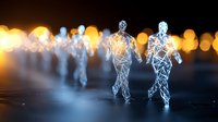Digital wireframe runners in motion with glowing bokeh lights background. Futuristic sports technology concept for fitness apps and athletic performance data.