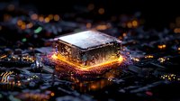 Glowing microprocessor on circuit board with orange light effects and bokeh, futuristic technology concept showing digital transformation and computing power.
