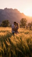 Romantic couple embracing in golden wheat field at sunset with mountains in background creating warm intimate moment for wedding and love concepts.