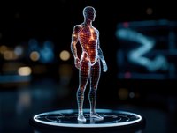 Futuristic holographic male figure showing internal anatomy with glowing red organs on illuminated platform against dark background with bokeh lights.