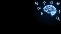 Digital brain network with glowing neural connections and technology icons on dark background for artificial intelligence and machine learning concepts.