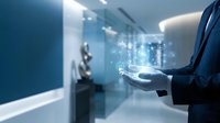 Businessman holding glowing digital network connections and data icons in modern office environment representing technology innovation and connectivity.