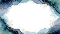 Abstract watercolor frame with flowing blue teal layers and gold botanical elements on white background for elegant design projects and invitations.
