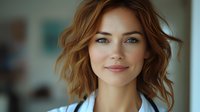 Young Caucasian businesswoman with wavy brown hair and natural makeup smiling confidently at camera, wearing light blue blouse against blurred office background.