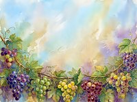 Watercolor painting of grapevines with clusters of purple, red, and green grapes hanging from branches with lush foliage against a soft, dreamy sky with warm and cool tones blending together.