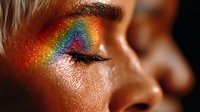 Close up portrait of young woman with rainbow glitter makeup on closed eyes and face, artistic beauty fashion photography with colorful spectrum effect.
