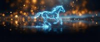 Digital blue energy horse galloping with electric lightning effects and golden bokeh lights on dark background for technology concepts.