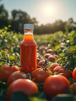 Fresh tomato juice bottle surrounded by ripe red tomatoes in sunny garden field at golden hour for healthy organic food and beverage marketing.