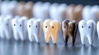 Row of tooth models showing dental decay progression from healthy white to severely damaged brown tooth for oral health education and dentistry concepts.