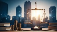 Justice scales with golden coins and law books against illuminated city skyline at dawn representing legal finance and corporate law practice.