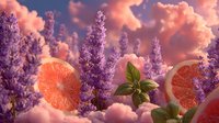 Aromatic lavender flowers with fresh grapefruit slices and mint leaves against dreamy pink clouds, perfect for wellness and natural cosmetic concepts.