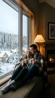 Young couple enjoying hot drinks by fireplace with snowy mountain view through large windows in cozy cabin interior for winter romance and holiday concepts.