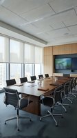 Modern corporate boardroom with large conference table and black chairs overlooking city skyline through floor-to-ceiling windows for business meetings.