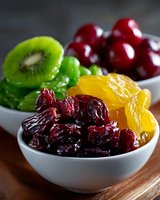 Colorful assortment of dried and fresh fruits including cranberries, apricots, kiwi, and red grapes in white ceramic bowls, showcasing healthy snack options.