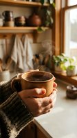 Hands holding steaming ceramic mug in cozy rustic kitchen with wooden shelves and pottery creating warm morning atmosphere for relaxation and comfort.