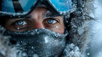 Intense blue eyes of young Caucasian person wearing winter face covering with frost and snow on eyelashes against cold blue background, extreme close up portrait.