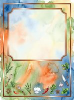 Watercolor culinary frame with chef hat, cooking utensils, fresh herbs and vegetables on colorful wash background. Isolated design element ready for menus, recipes, cooking blogs and restaurant branding projects.