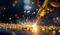 Bright sparks and golden bokeh from industrial cutting torch against dark background create dramatic atmosphere for manufacturing and metalwork concepts.