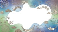 Decorative frame with whimsical doodle elements including clouds, spirals, and nature motifs on colorful gradient background for creative projects.