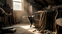 Black cat standing in sunlit rustic attic or warehouse space with draped fabrics, wooden furniture, and vintage items scattered around, creating moody atmospheric scene.