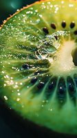 Fresh kiwi slice with water drops and sparkling bokeh effect in macro photography showing juicy fruit texture and natural patterns in green tones.