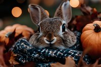 Adorable brown bunny wrapped in knitted scarf among autumn pumpkins and fallen leaves, creating cozy fall atmosphere with warm bokeh lights in background.