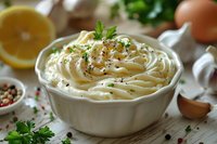 Creamy homemade mayonnaise sauce with herbs, black pepper and spices in white ceramic bowl, surrounded by fresh ingredients and garnished with parsley.