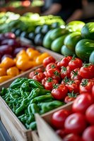 Fresh organic produce displayed at farmers market with vibrant red tomatoes on vine, green peppers, and colorful vegetables in wooden crates. Food photography.