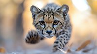 Young cheetah cub with spotted fur and bright blue eyes looking directly at camera in natural wildlife habitat for conservation and animal photography.