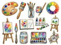 Artist supplies collection with wooden palette, paintbrushes, watercolor sets, easels, and color wheels isolated on white background for design, education, and creative projects.