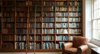 Cozy reading corner with leather armchair beside floor-to-ceiling wooden bookshelves filled with books in elegant home library interior.