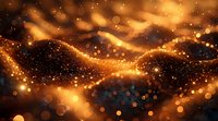 Abstract golden waves with glowing particles and bokeh effect on dark background create magical flowing light pattern for luxury designs and celebrations.