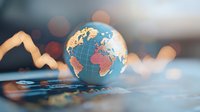 Glowing digital world globe with stock market chart overlay, depicting global financial markets and international trading on blurred background.