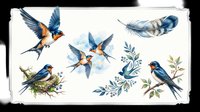 Watercolor barn swallow clipart set with flying birds, nest, feather, and floral elements, isolated on transparent background, ready for stickers, t-shirt design, and print on demand.