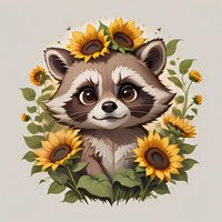 Adorable cartoon raccoon surrounded by bright sunflowers and green leaves on neutral background, cute forest animal character design for children products.