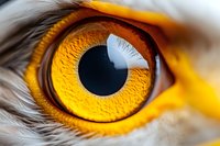 Extreme close-up of bird of prey eye with vibrant amber iris, black pupil, and detailed texture showing feathers around eye socket.