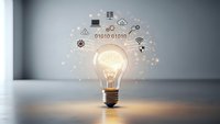 Glowing light bulb with digital technology icons and binary code representing innovation, creativity, and smart solutions for business development.