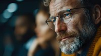 Mature Caucasian businessman with glasses and beard smiling confidently in modern office environment for corporate leadership and professional success concepts.