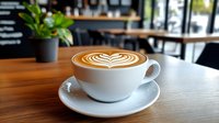 Hot cappuccino with heart-shaped latte art foam pattern served in white ceramic cup on wooden table at cafe, green plant decoration in background.