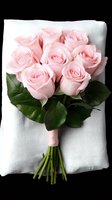 Delicate pink roses bouquet with green leaves wrapped in pink ribbon, arranged on white textile against black background. For wedding and romantic designs.